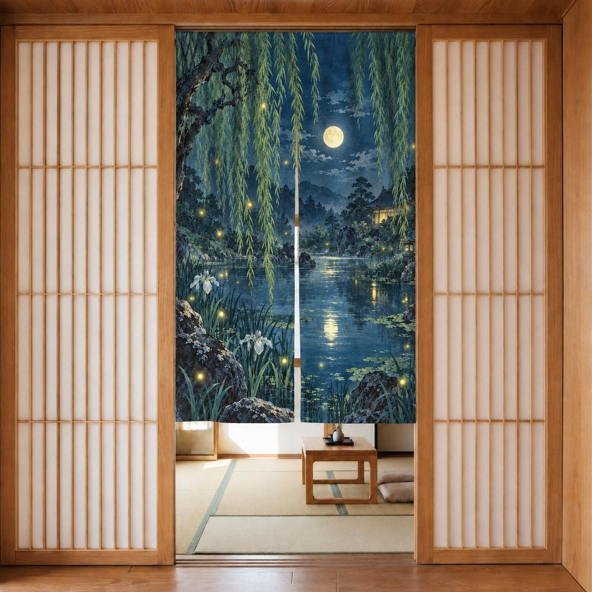 Noren curtain with willow branches above a pond scene and small firefly lights in indigo, green, pale aqua, and soft yellow.