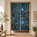 Noren curtain with willow branches above a pond scene and small firefly lights in indigo, green, pale aqua, and soft yellow.
