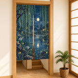 Noren curtain with willow branches above a pond scene and small firefly lights in indigo, green, pale aqua, and soft yellow.