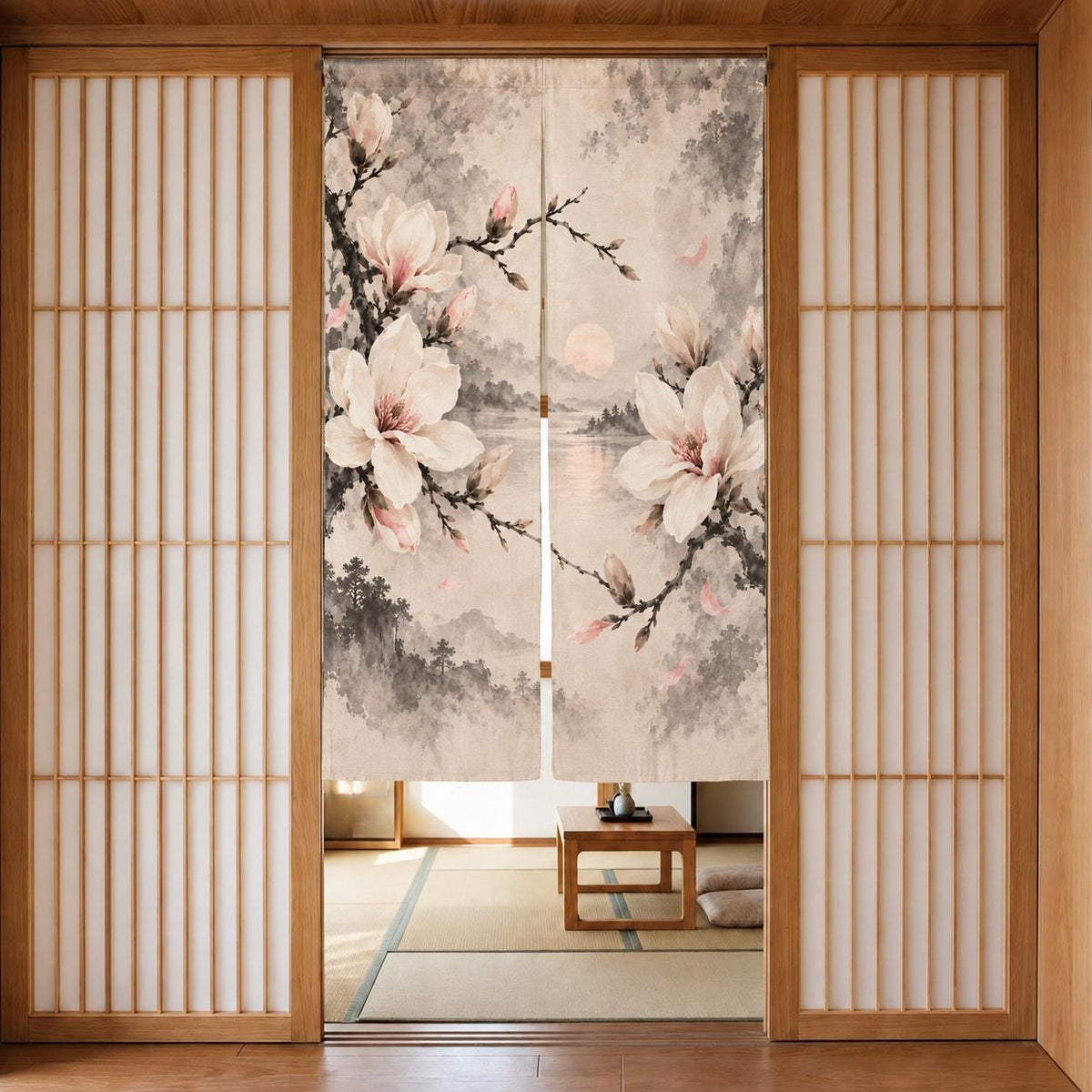 Ivory floral curtain with magnolia blossoms and fine ink branches in charcoal, taupe, and pale blush on a light background.