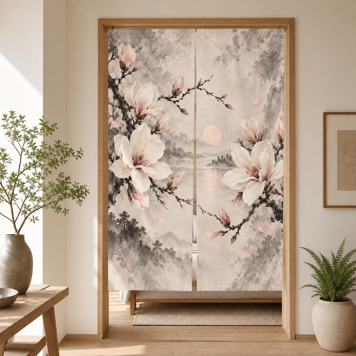Ivory floral curtain with magnolia blossoms and fine ink branches in charcoal, taupe, and pale blush on a light background.