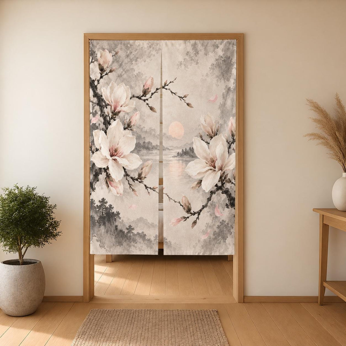Ivory floral curtain with magnolia blossoms and fine ink branches in charcoal, taupe, and pale blush on a light background.