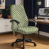 Gaming chair cover with a green and ivory checker pattern and small four-petal flowers.