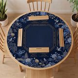 Navy mahjong mat with cranes, garden birds, pagodas, and blue and cream floral designs around a framed playing area with a printed Charleston guide.
