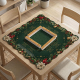 Green mahjong mat with red cardinals, holly berries, cream poinsettias, and gold seasonal details around a printed Charleston guide.