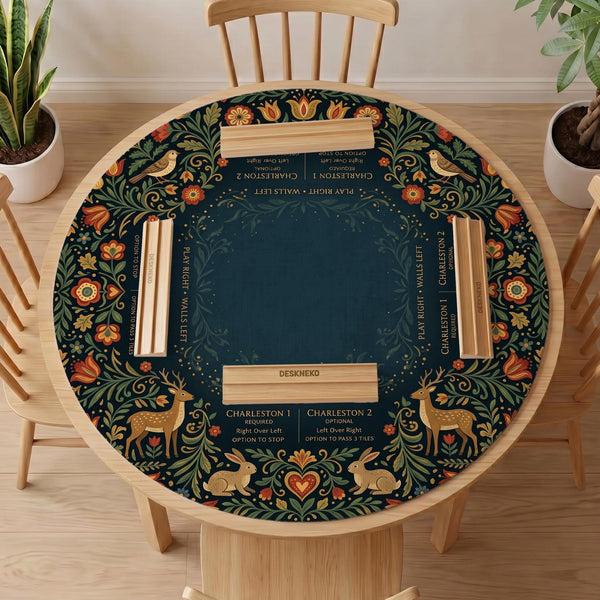 Square mahjong mat with a dark teal center, illustrated woodland animals, red and ochre flowers, green foliage border, and a printed Charleston guide around the playing area.