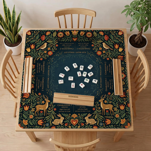 Square mahjong mat with a dark teal center, illustrated woodland animals, red and ochre flowers, green foliage border, and a printed Charleston guide around the playing area.