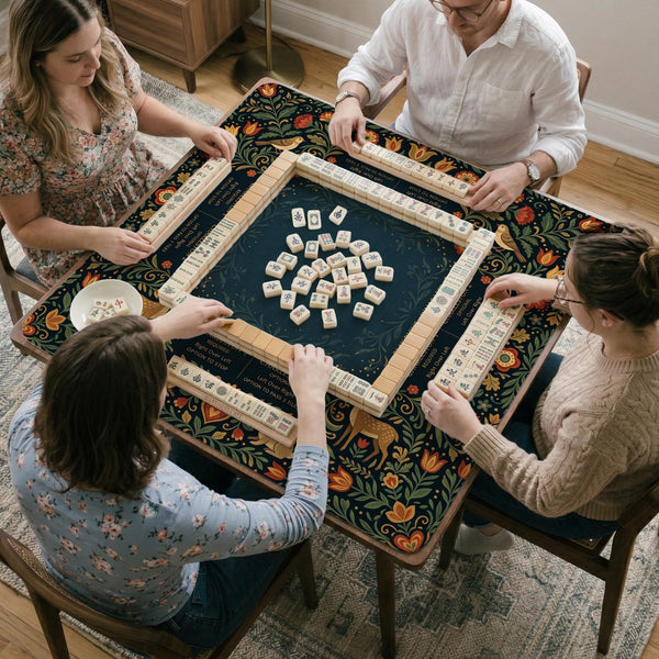 Square mahjong mat with a dark teal center, illustrated woodland animals, red and ochre flowers, green foliage border, and a printed Charleston guide around the playing area.