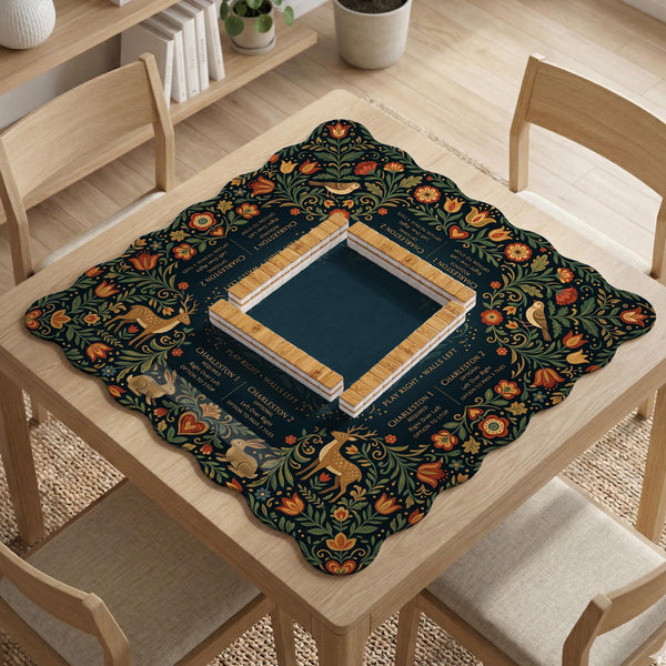 Square mahjong mat with a dark teal center, illustrated woodland animals, red and ochre flowers, green foliage border, and a printed Charleston guide around the playing area.