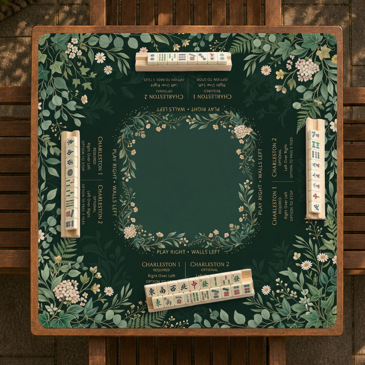 Square mahjong mat with a forest green botanical design, fern leaves, small cream flowers, and a printed Charleston guide around the center area.