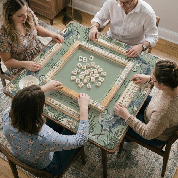 Square sage-green mahjong mat with blue-grey herons, water lilies, reeds, and printed play-direction and Charleston passing reminders around the playing area.