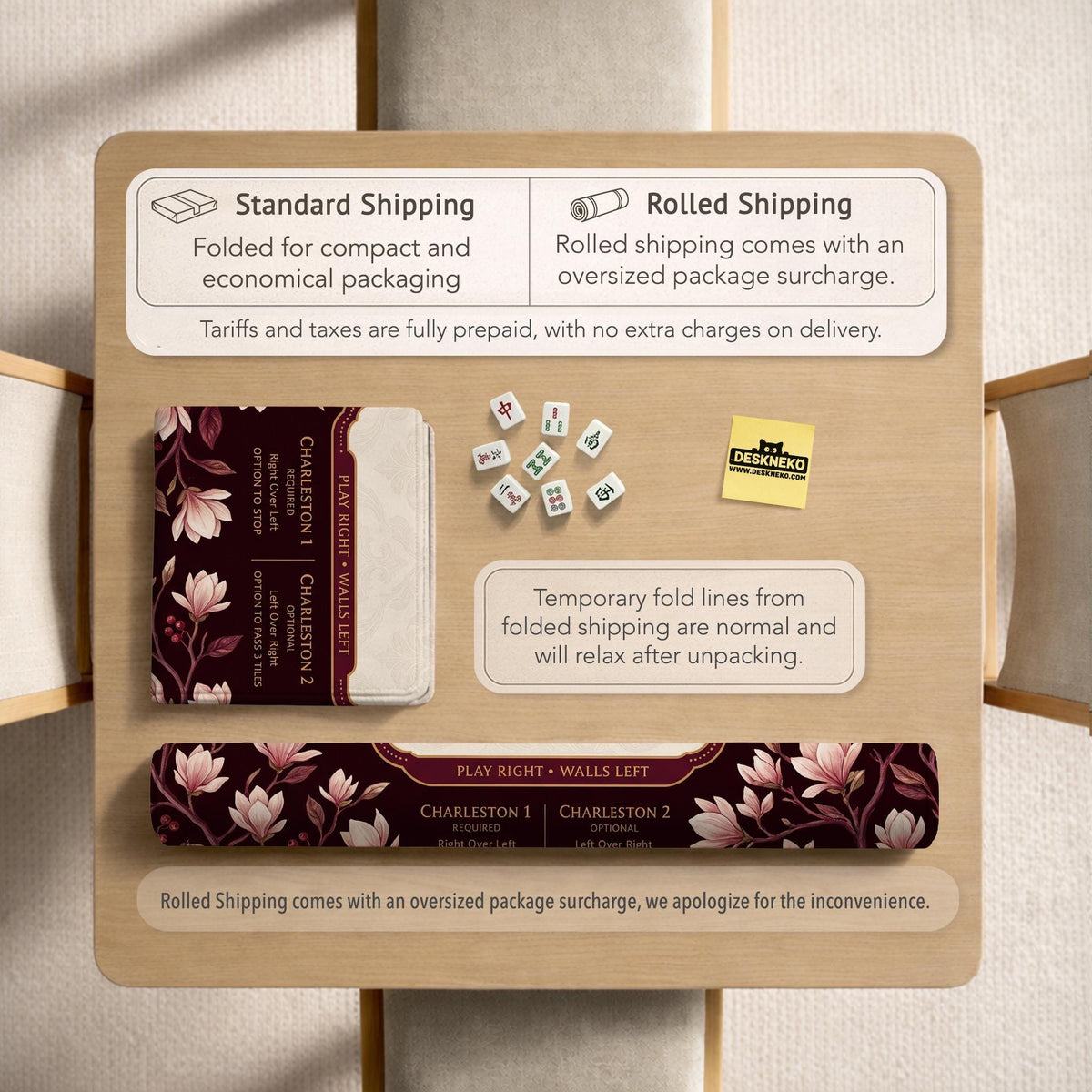 Cream American mahjong mat with a burgundy border of pale pink magnolia blossoms and printed play-direction and passing reminders.