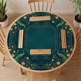 American mahjong mat with a deep teal-green background, peacocks, small cream flowers, leafy branches, and printed play-direction and Charleston reminders.