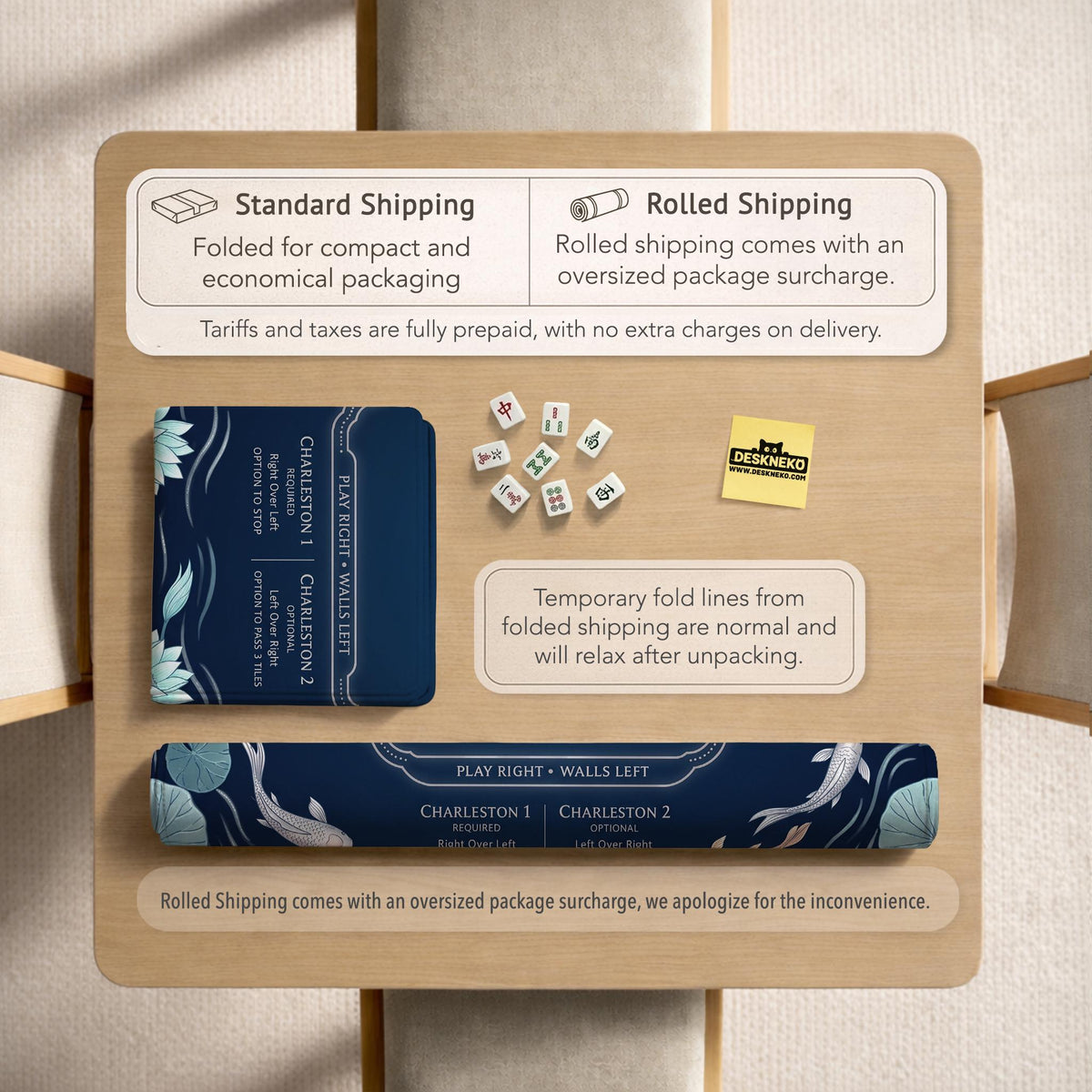 American mahjong mat with a navy-blue pond design, pale aqua lotus flowers, flowing water lines, koi fish, and printed play-direction and Charleston passing reminders.