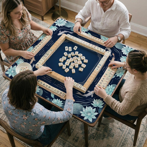 American mahjong mat with a navy-blue pond design, pale aqua lotus flowers, flowing water lines, koi fish, and printed play-direction and Charleston passing reminders.