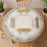 American mahjong mat with a cream center and a coastal border showing oyster shells, scallop shells, starfish, pearl strands, and pale blue sea plants.