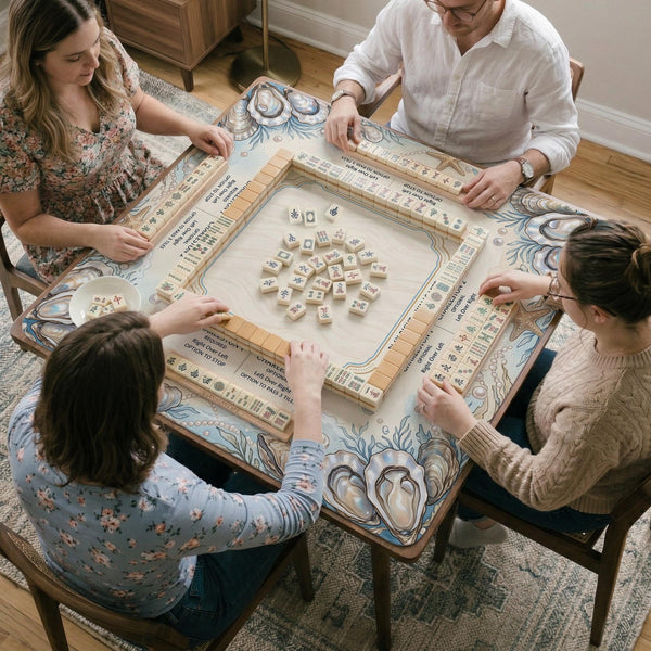 American mahjong mat with a cream center and a coastal border showing oyster shells, scallop shells, starfish, pearl strands, and pale blue sea plants.