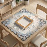 American mahjong mat with a cream center and a coastal border showing oyster shells, scallop shells, starfish, pearl strands, and pale blue sea plants.