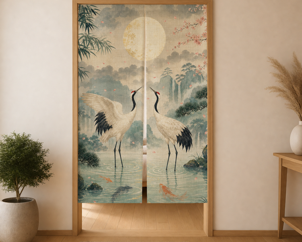 Jade Crane Moon noren curtain in a calm doorway with cranes, moon, bamboo, sakura, and koi pond artwork.