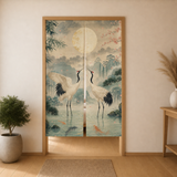 Jade Crane Moon noren curtain in a calm doorway with cranes, moon, bamboo, sakura, and koi pond artwork.