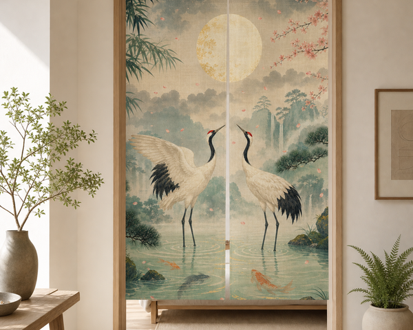 Jade green crane Japanese noren curtain hanging in a bright minimalist doorway.