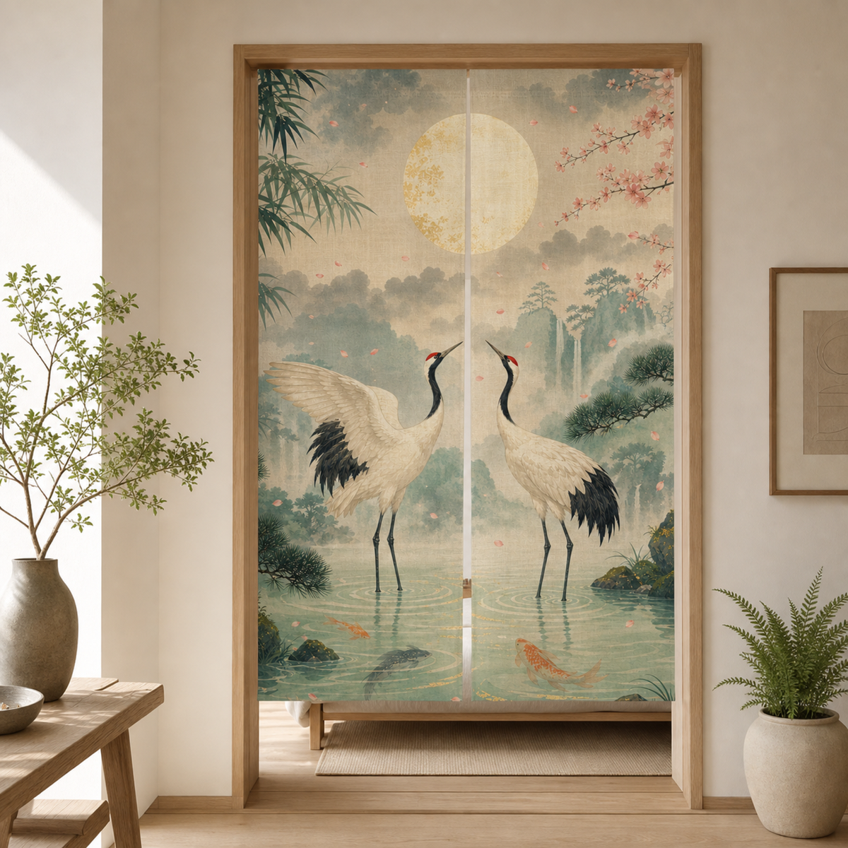 Jade green crane Japanese noren curtain hanging in a bright minimalist doorway.