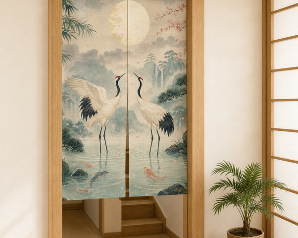 Crane and moon noren doorway curtain shown over an interior stair opening.