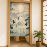 Crane and moon noren doorway curtain shown over an interior stair opening.