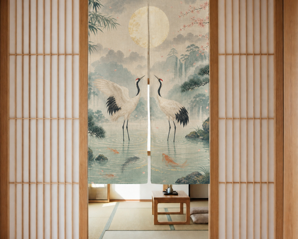 Japanese-style room with Jade Crane Moon noren curtain as a soft room divider.