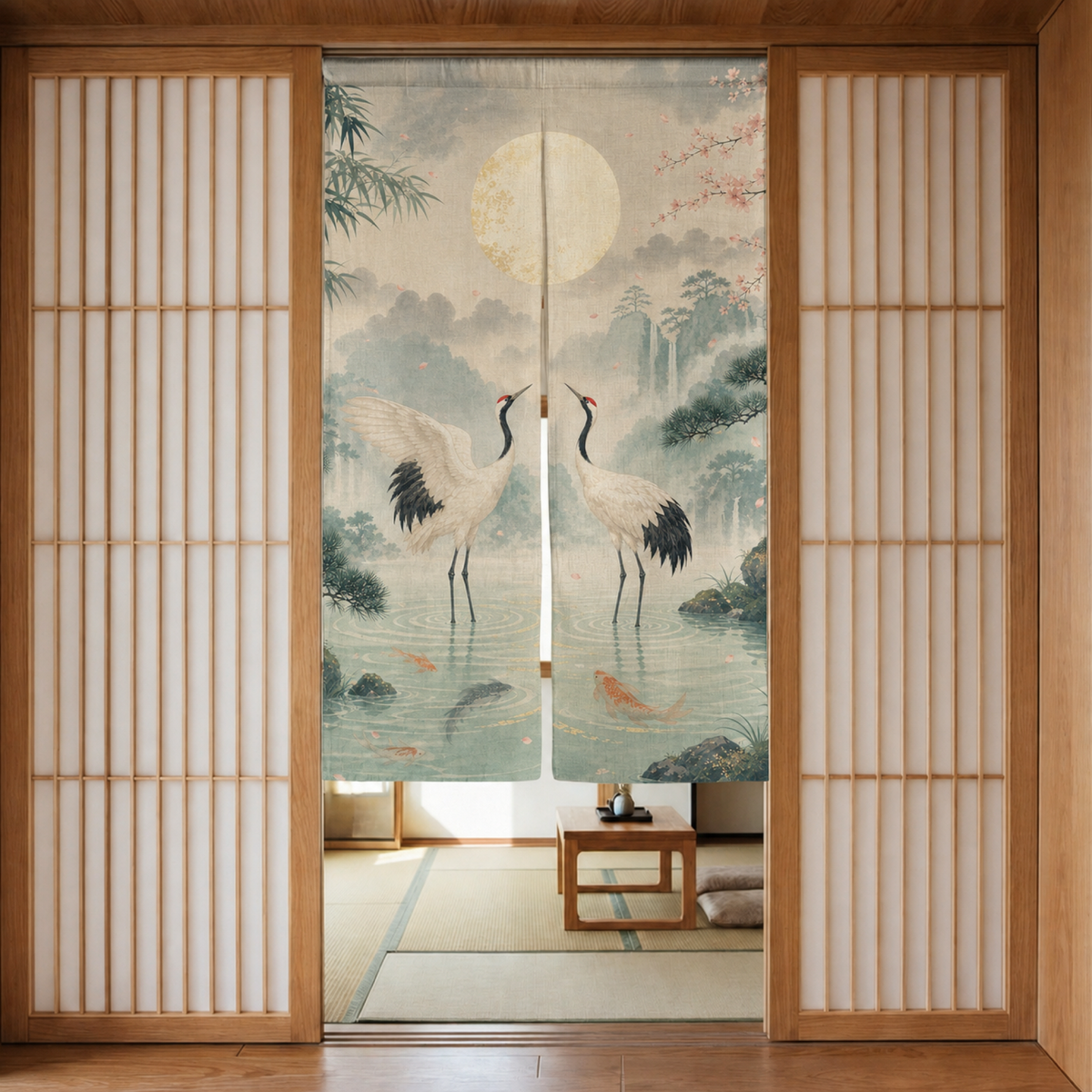 Japanese-style room with Jade Crane Moon noren curtain as a soft room divider.