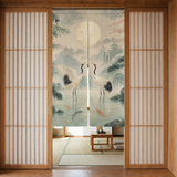 Japanese-style room with Jade Crane Moon noren curtain as a soft room divider.