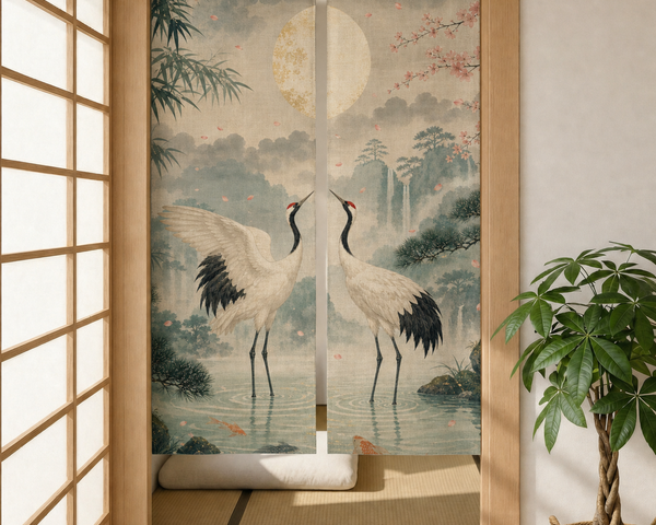 Two-panel Jade Crane Moon noren curtain shown in a doorway with botanical room styling.