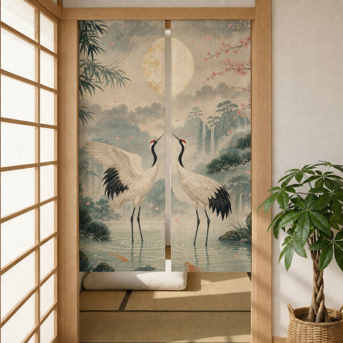 Two-panel Jade Crane Moon noren curtain shown in a doorway with botanical room styling.