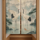 Closeup of the center split on a crane and moon noren curtain with koi pond artwork.