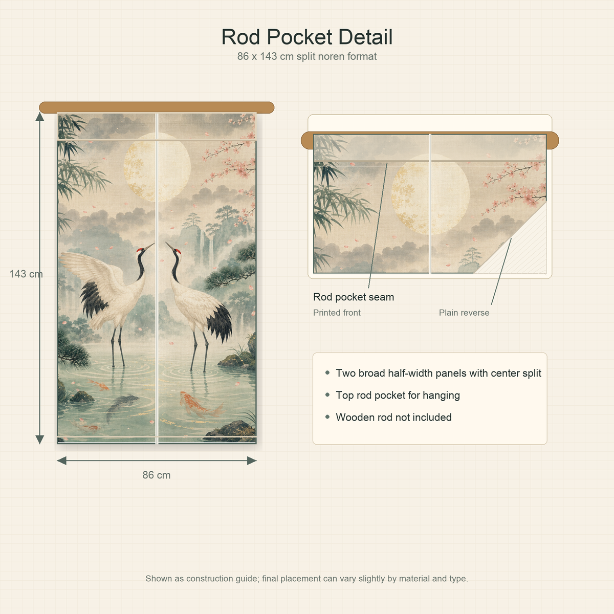 Rod pocket construction guide for Jade Crane Moon noren with correct 86 x 143 cm split format and plain reverse side.