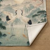 Fabric closeup of a single-sided printed crane noren with plain off-white reverse side.
