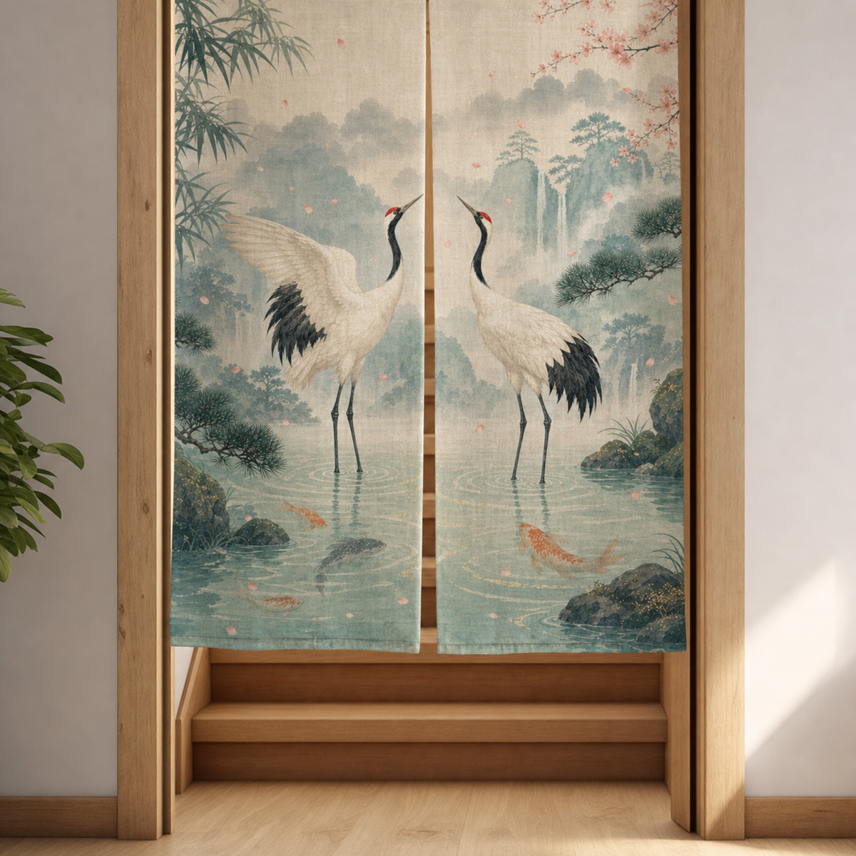 Lower artwork view of Jade Crane Moon noren curtain with cranes, water, koi, and split opening.
