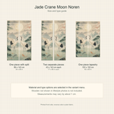 Size and type guide for Jade Crane Moon noren curtain with split, two-piece, and tapestry options.