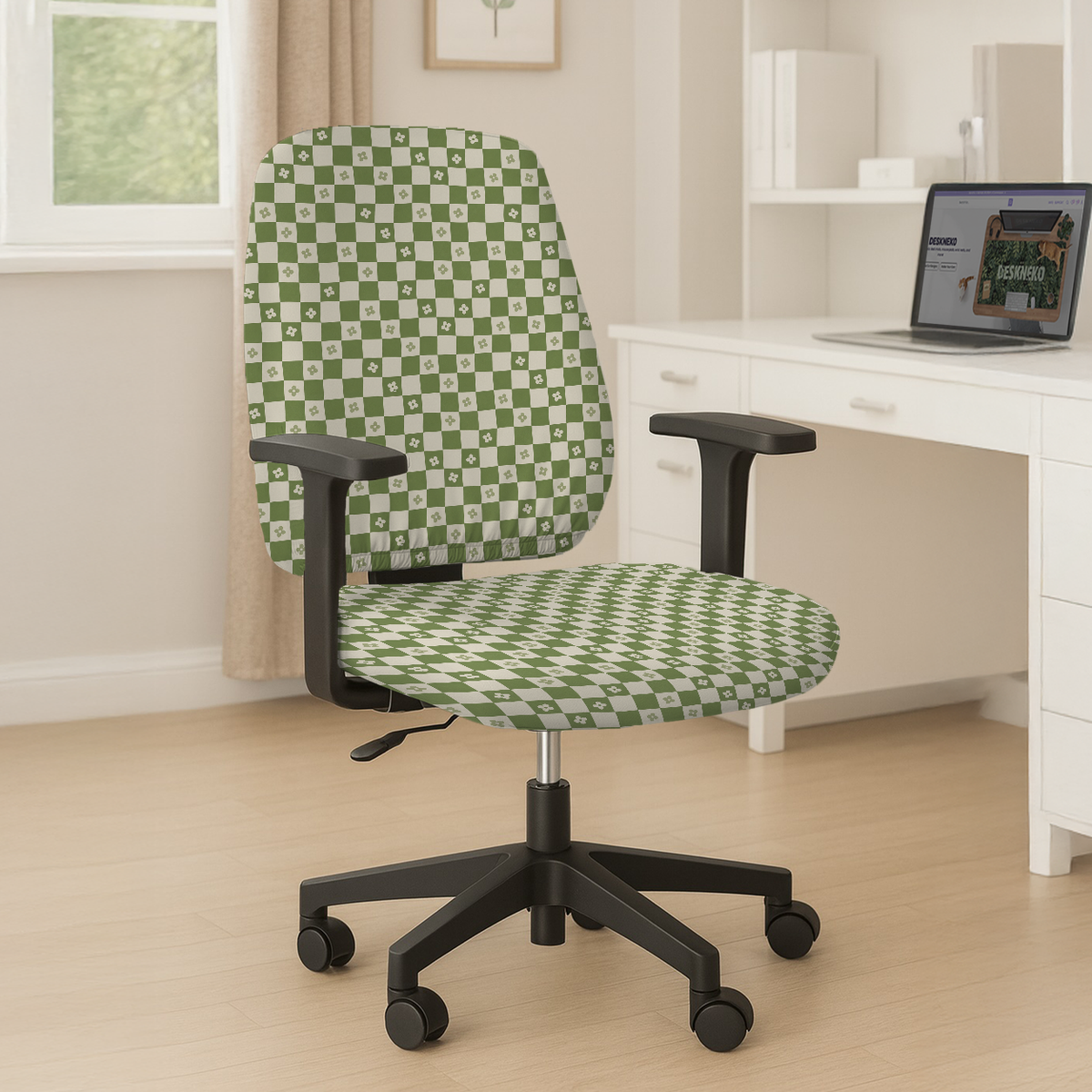 Matcha Checker Bloom separate seat and back covers, shown with bare armrests.