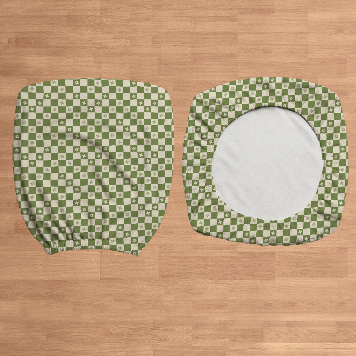 Matcha Checker Bloom cover front and reverse showing the source elastic opening; illustration of construction, not a bundle.