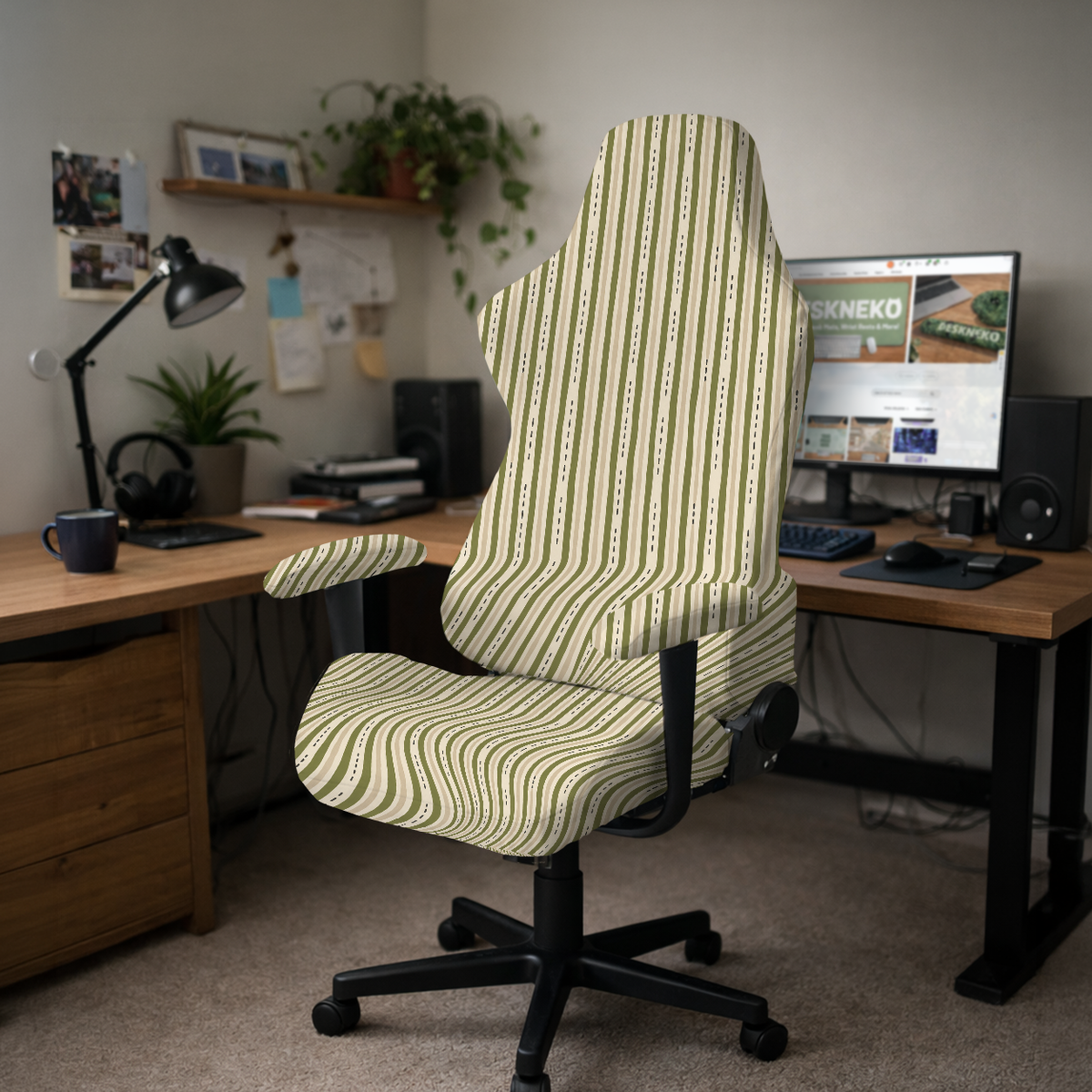 Olive Linen Stripe gaming hero; selected cover option only, chair not included.