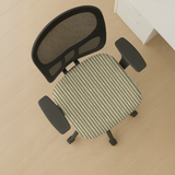 Olive Linen Stripe seat-only cover on a mesh-back chair; mesh back and armrests stay bare.