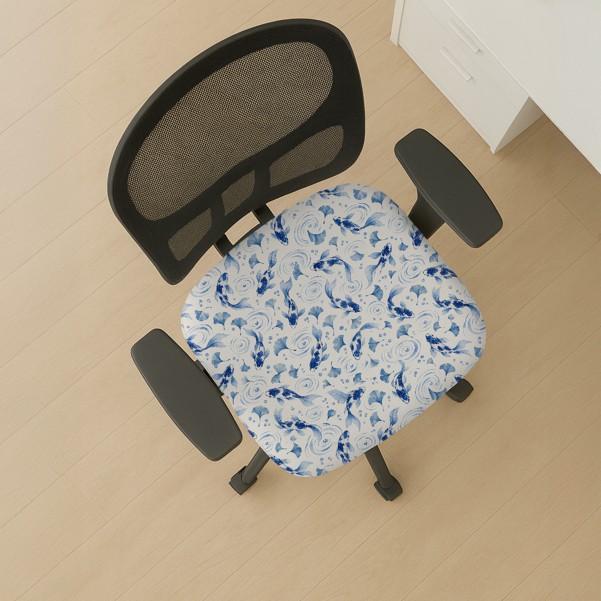 Porcelain Koi seat-only cover; mesh back and both armrests remain bare.