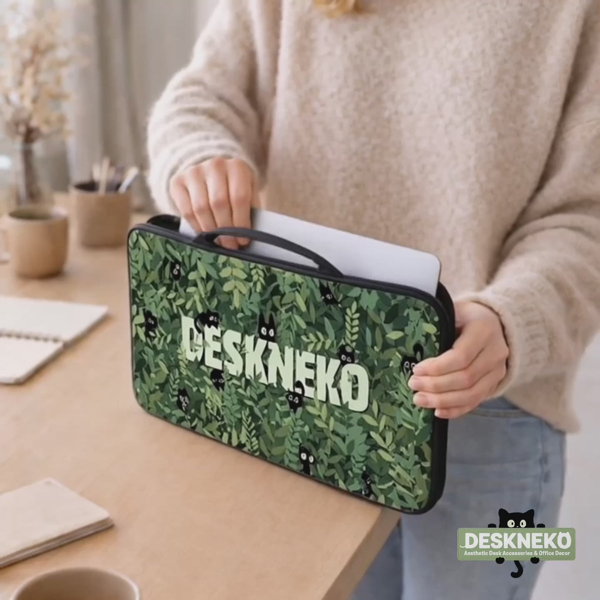 DeskNeko protective laptop sleeve with handle and shoulder bag with shoulder strap. Padded, waterproof, and shockproof material for MacBook Pro, Macbook Air, iPad Pro, iPad Air, and notebooks. Sizes available: 7-8", 9", 10", 11", 12", 13", 14", 15", 15.6", 16", and 17" to ensure a perfect fit. Features include a carrying handle and adjustable shoulder strap. Premium tech accessories from Deskneko.com. All sizes from 9 inch, 10 inch, 11 inch, 12 inch, 13 inch, 14 inch, 15 inch, 15.6 inch, 16 inc and 17 inch.