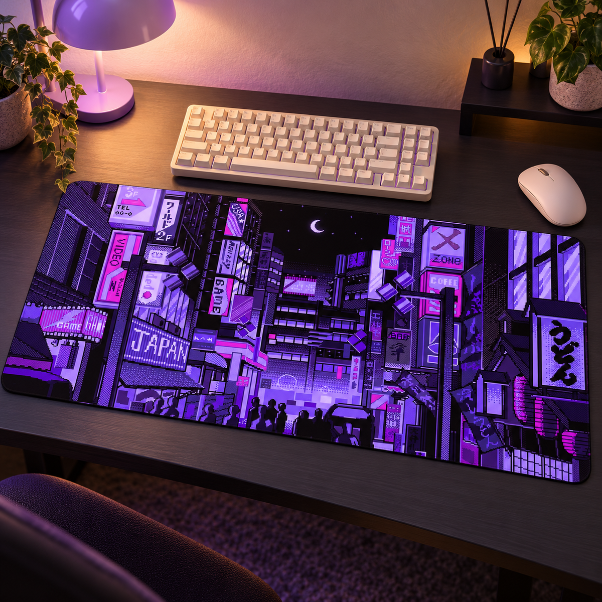 Purple Tokyo pixel-art desk mat in a new warm-lit gaming setup