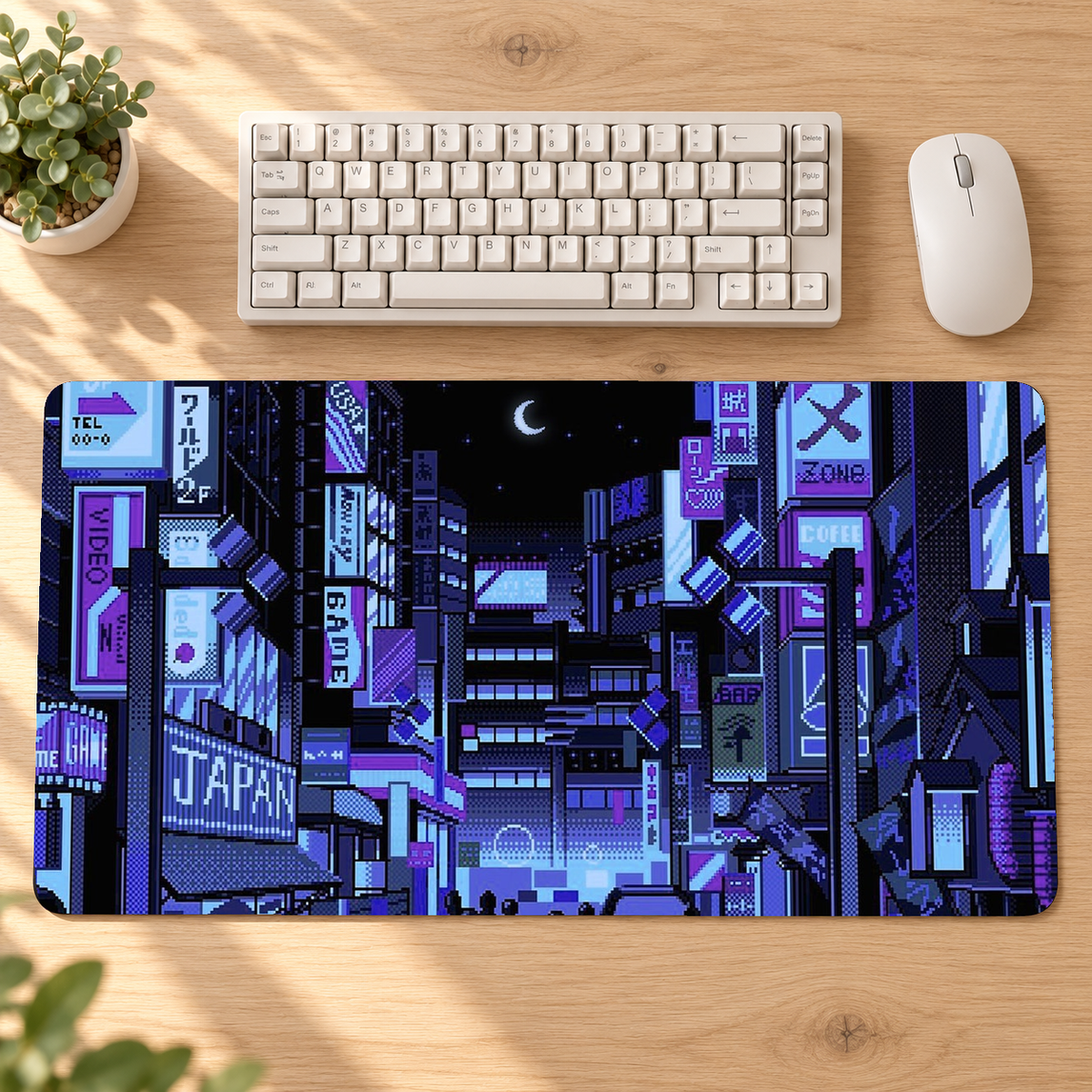 Blue purple Tokyo pixel-art desk mat on an oak workspace