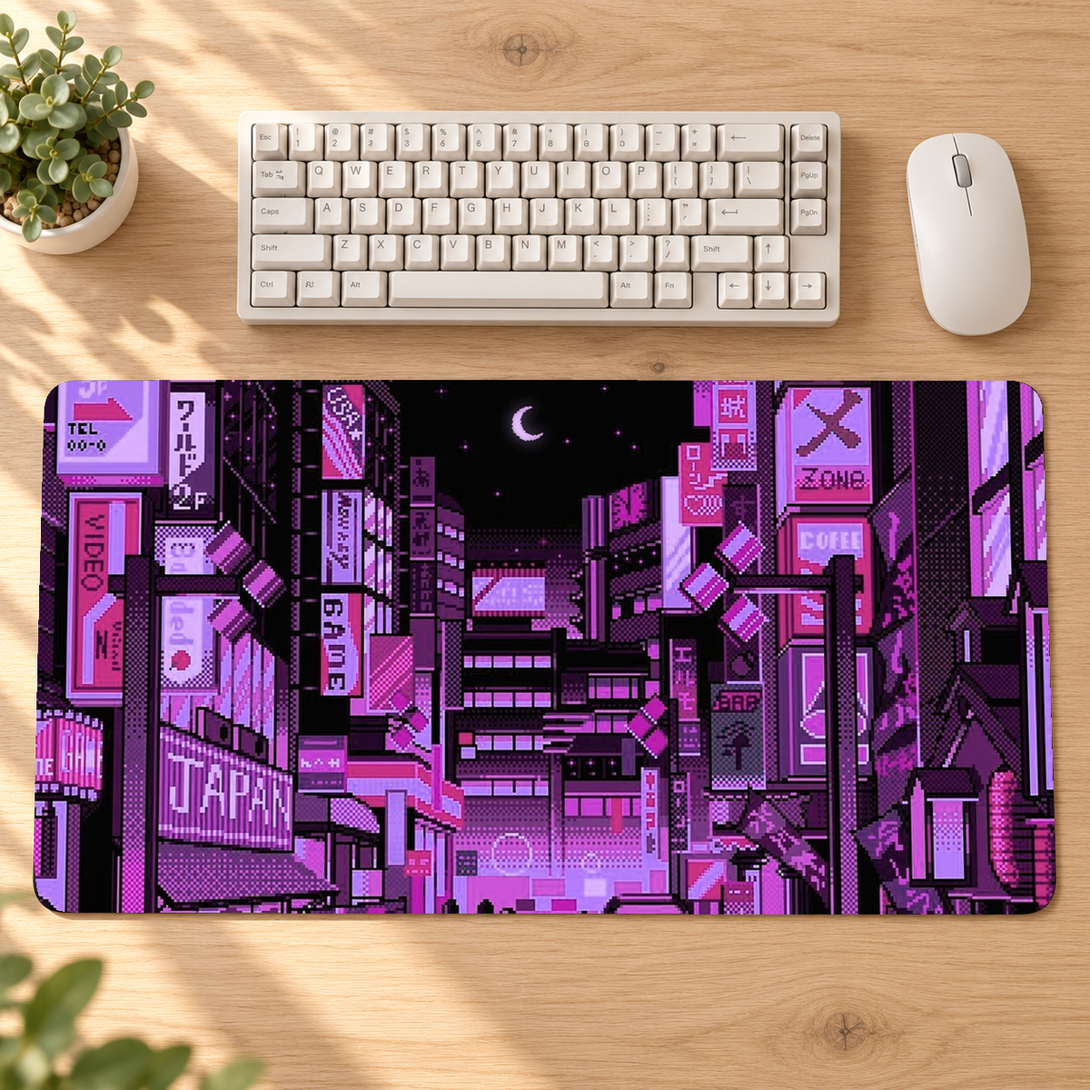 Lilac purple Tokyo pixel-art desk mat on an oak workspace