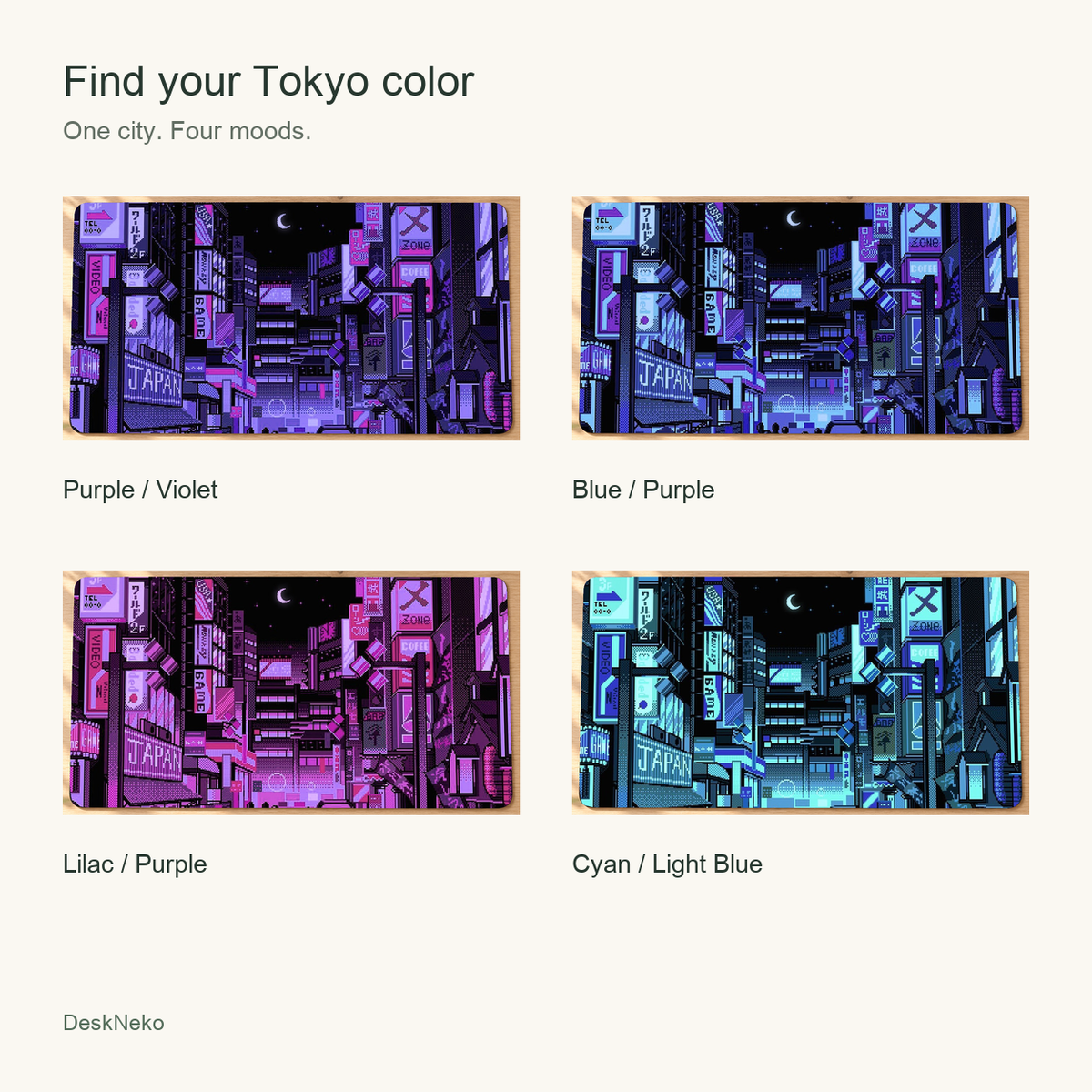 Comparison of the four Tokyo pixel-art desk mat colorways