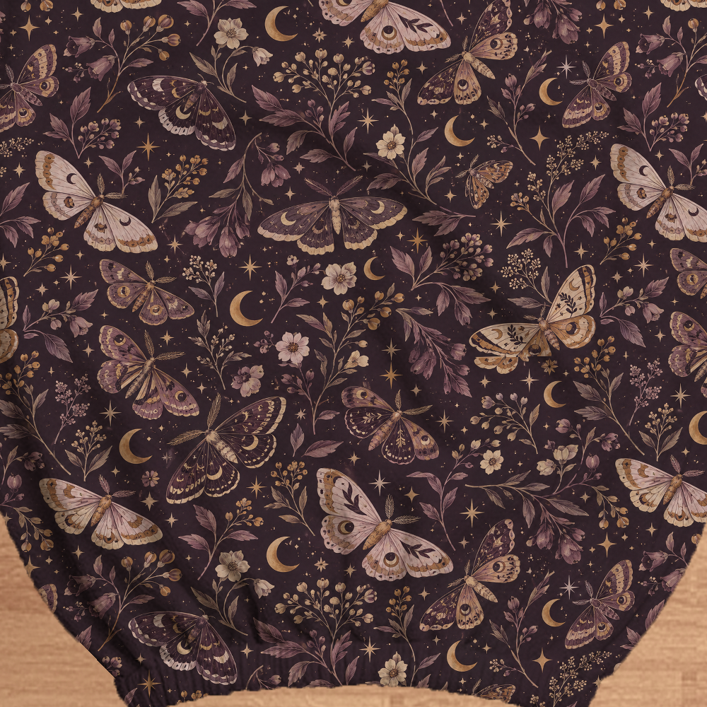 Twilight Moths fabric and elastic detail; selected cover option only, chair not included.