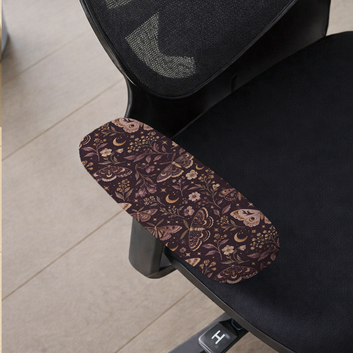 Twilight Moths armrest cover detail; selected cover option only, chair not included.